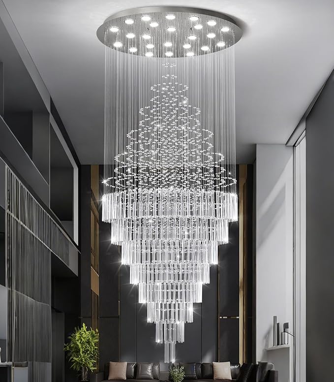 W47 x H120 Crystal LED Chandelier with Light Bulbs Luxury Raindrop High Ceiling Chandeliers for Entryway Villa Staircase Foyer Living Room Lighting Fixtures Silver