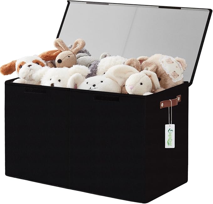 Large Toy Storage Box with Lids, Collapsible Sturdy Baby Storage Organizer Chest Bin Basket for Kids, Boys, Girls, Playroom, Nursery, Bedroom, Closet 25"x13"x16" (Black)