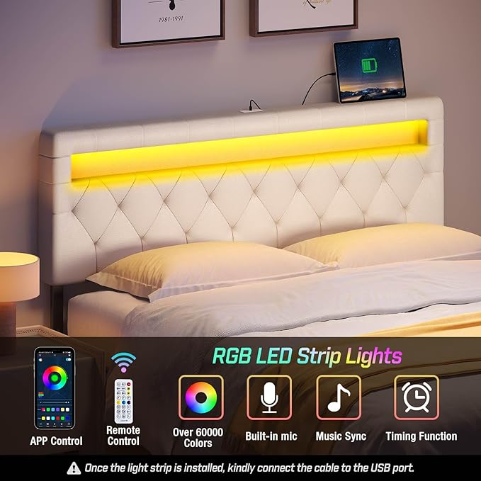 GREENSTELL Headboard for Queen Size Bed with 60,000 DIY Color of LED Light, USB & Type C Post, Attach Frame, Height Adjustable, White Leather Wall Mounted Head Boards Only, Sturdy & Stable, Queen