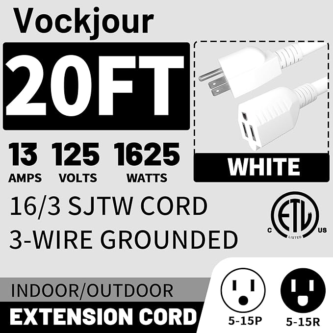 16/3 White Indoor Outdoor Extension Cord 20 Ft Waterproof, Extension Cord with 3 Prong Grounded Plug,13A 1625W 16AWG SJTW, Flexible Weatherproof Power Cable