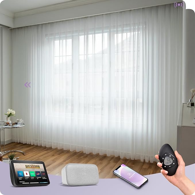 Graywind Hardwired Smart Curtains Motorized Sheer Curtains with Remote Alexa Google Control for Sliding Sheer Drapes One-Way or Split Draw Joinable Curtain Custom Width to 220" (Sheer Textured White)