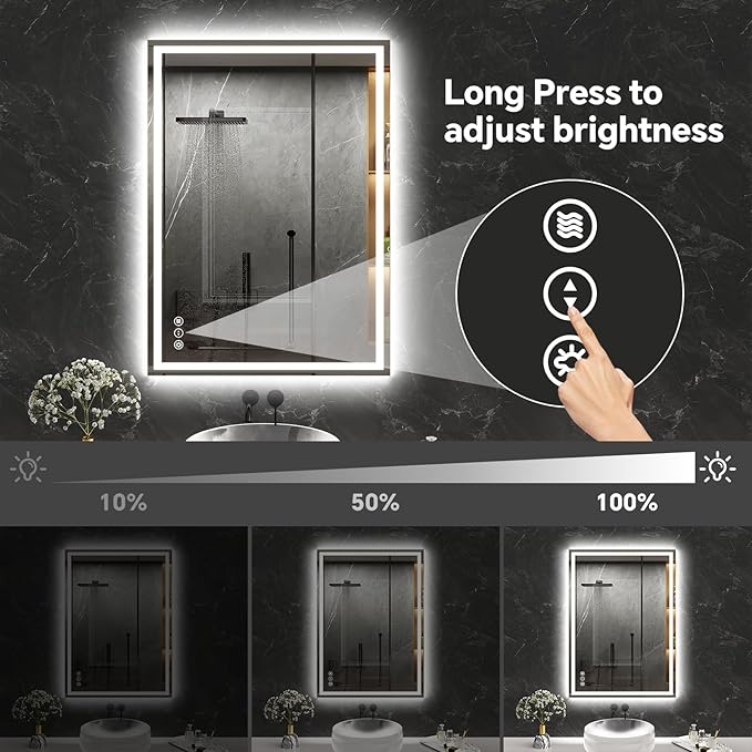 LED Bathroom Mirror 24x32 Inch Anti-Fog Bathroom Mirror with Lights, Wall Mounted Lighted Vanity Mirrors, Dimmable, Backlit + Front Lit, Smart Bathroom Vanity Mirror with 3 Colors Temperature
