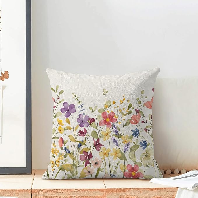 AEIOAE Spring Pillow Covers 16x16 Inch Set of 2, Colorful Wild Flower Leaves Plant Throw Pillows Case,Seasonal Floral Outdoor Decorative Farmhouse Decor Cushion Covers for Home Sofa Bed Couch
