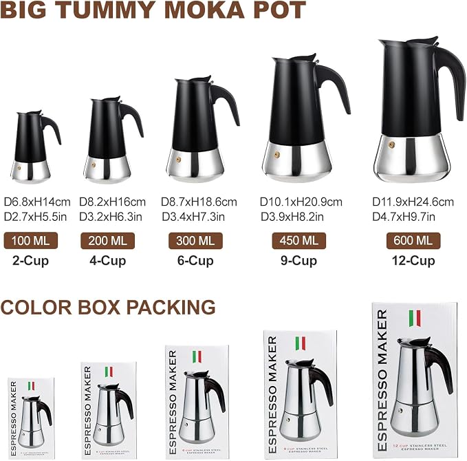 4 Cup Stovetop Espresso Maker Stainless Steel Moka Pot Stove Top Percolator Italian Coffee Makers Capable Mocha Greca Machine Cafe Classic Induction Cookers for Home and Camping 200ml 6.6oz