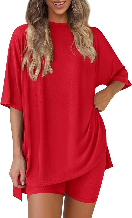 PRETTYGARDEN Women 2 Piece Lounge Set 2026 Summer Casual Oversized Shirts Biker Shorts Matching Airport Travel Outfit Clothes