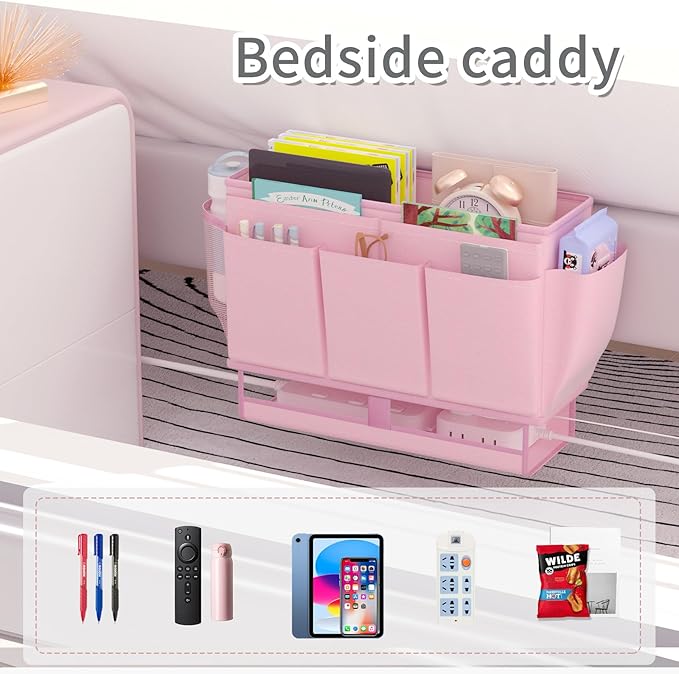 Bedside Caddy, Bed Organizer with 11 Pockets and Power Strip Holder, Versatile Bedside Storage Caddy for Home,Dorm,Bunk,Hospital,Crib Bed (2 Pack Pink)
