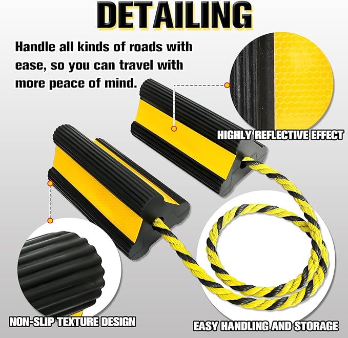 Heavy-Duty Wheel Chocks with Extra-Long Safety Rope (86") - 2-Pack Reflective Rubber Blocks for Trailers, Trucks, Campers & Garage Use (4pair/8pack with Rope)