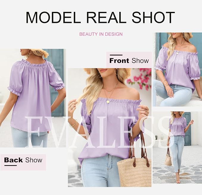 EVALESS Womens Tops Off The Shoulder Blouses for Women Dressy Casual Cute Puff Sleeve T Shirts Fashion 2026