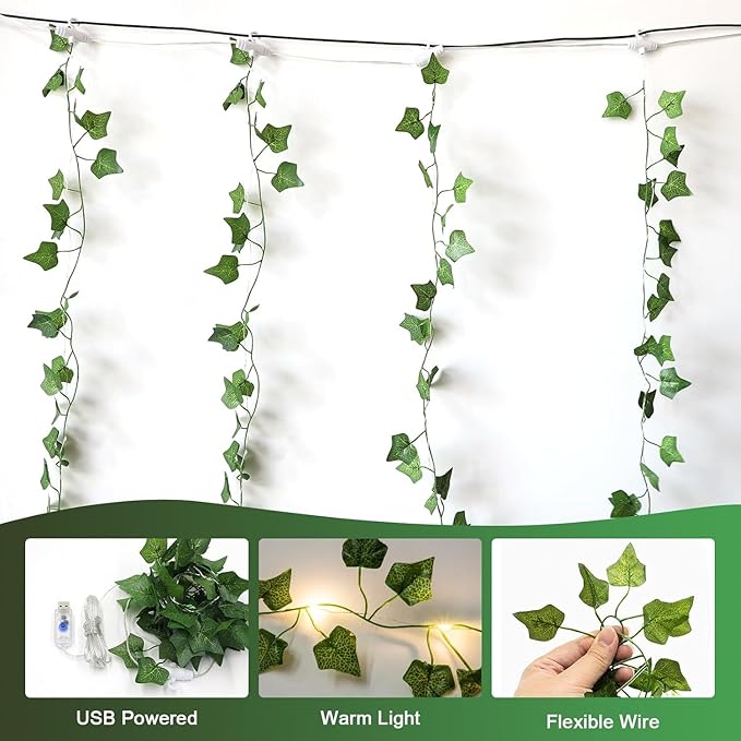 Vines Lights for Bedroom, 6.5ft x 6.5ft Ivy Garland with 200 LED Vine Artificial Fairy Lights Curtain 8 Modes, USB Hanging Vine Lights for Wedding Window Wall Party Christmas Decoration