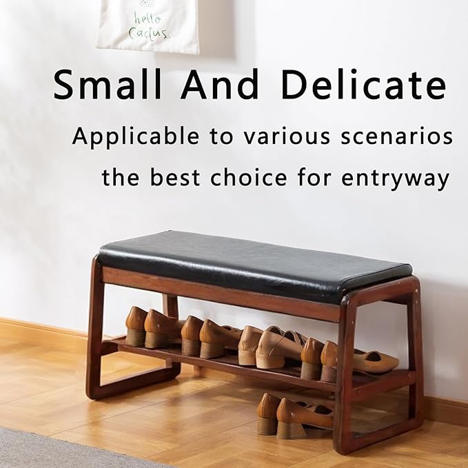 latifolia Solid Wood Bench, Entryway Shoe Bench with Cushion, 2 Tier Shoe Storage Organizer for Hallway, Living Room(Black,31.50''L)
