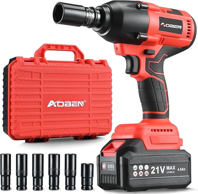 AOBEN Cordless Impact Wrench 1/2 Inch, Power Impact Gun Kit, Max 600N. M/450Ft-lbs High Torque Electric Impact Driver for Car RV Tire, 4.0Ah Battery, Charger, 6 Sockets & Storage Tool Case