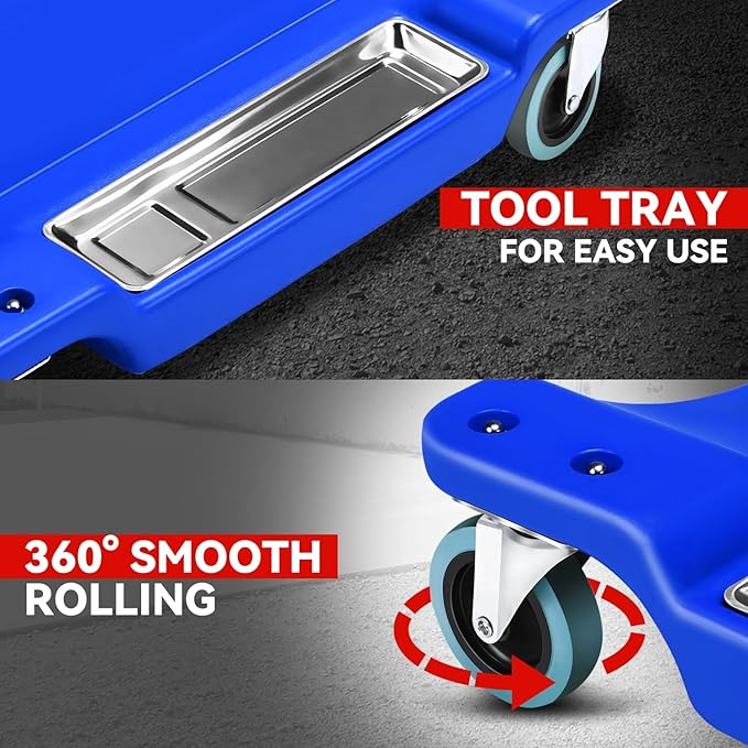 Auto Dynasty 40 Inches Mechanic Creeper, Automotive Garage Repair Low Profile Under Car Rolling Creeper with LED Light and Padded Headrest, Plastic, Blue