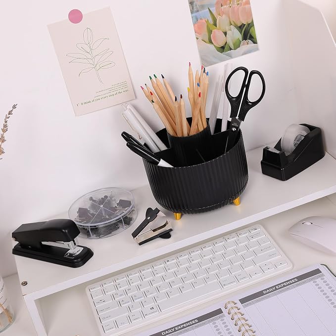 SKYDUE Black Office Supplies, Black Office Desk Accessories 10PCS, Pencil Holder for Desk, Stapler, Tape Dispenser, Scissors, Ruler, Clips and 1000pcs Staples, Desk Supplies Set