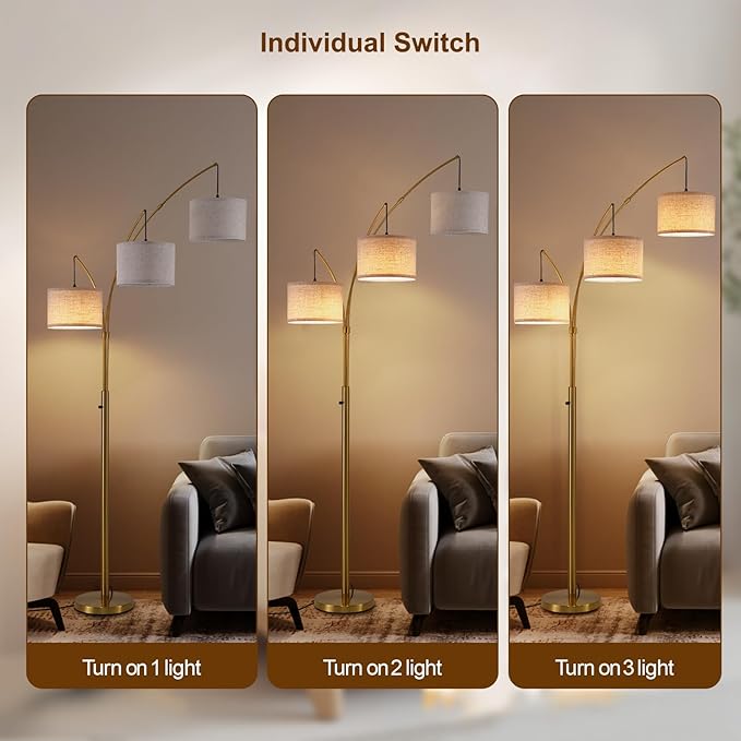 Gold Floor Lamps for Living Room, Super Bright Arc Floor Lamp with Remote Control, 3 Light Tall Floor Lamps with Stepless Dimmable, 80" Mid Century Tree Floor Lamp for Bedroom, Office