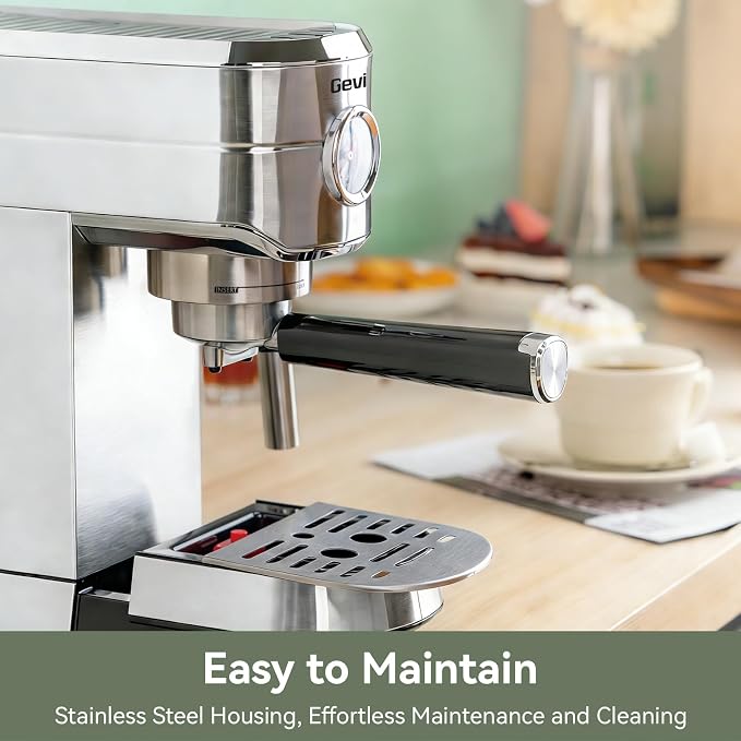 Gevi 20 Bar Espresso Machine with Milk Frother,Compatible with Pods&Ground | Compatible with Nespresso Pods&Ground; Built-in pressure gauge; Removable Water Tank; Make Americanos、Latte; Easy to Clean;