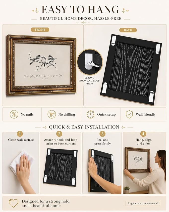Vintage Gold Framed Bird Wall Art, Christian Bible Verse, 12 x 16 in | Sketch bird canvas with Christian scripture and vintage gold frame for living rooms, bedrooms, hallways, or prayer spaces.