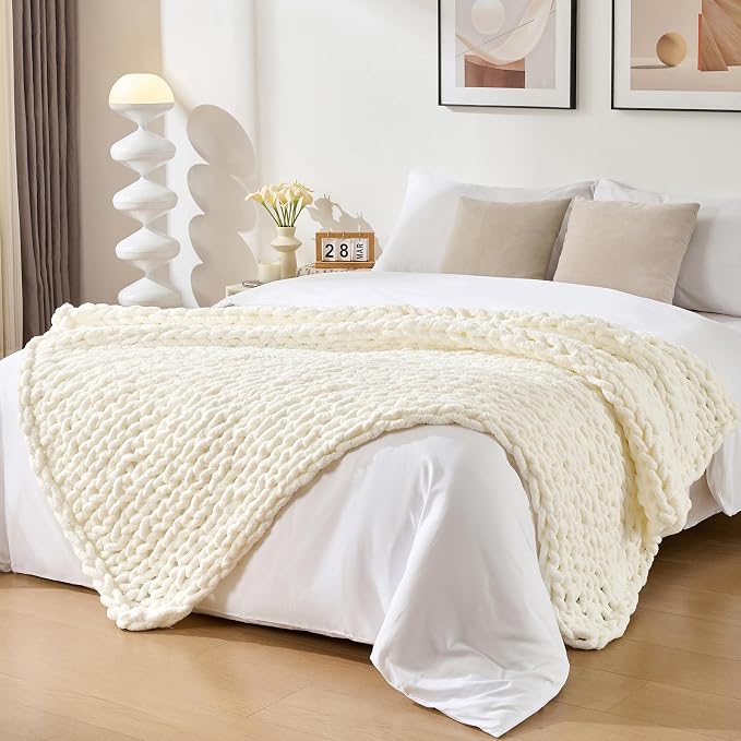 Bigacogo Chunky Knit Throw Blanket for Couch, 51x63 inches, Ivory | Hand Knit with Jumbo Chenille, Soft Breathable Cable Knit for Sofa Bed Living Room, Machine Washable, Gift for Mom Friend