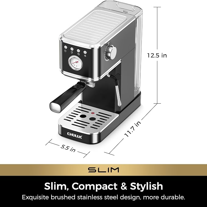 CHULUX Slim Espresso Machine with Milk Frother for Home Cappuccino, Black | Precise Pressure Gauge, Food-Grade Materials, 20 Bar Italian Pump, Professional Temperature Control System, Stainless Steel