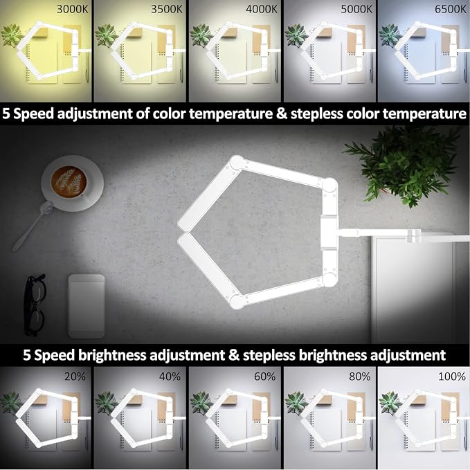 EPABINA LED Desk Lamp for Home Office, 41.5" White Clip on Architect Desk Lamp with Clamp, 24W Adjustable Dimmable Bright Swing Arm Eye Care LED Table Light Clamp on Office Lighting