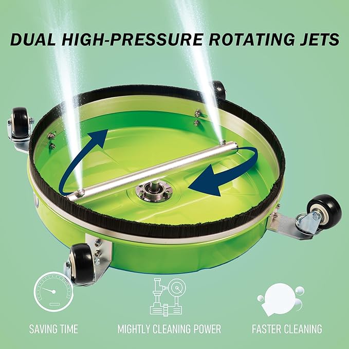 14" Pressure Washer Surface Cleaner with 4 Wheels, Coated Green Stainless Steel Power Washer Surface Cleaner for Driveway Sidewalk Patio, 1/4" Quick Connector 2 Extension Wand, 4000 PSI