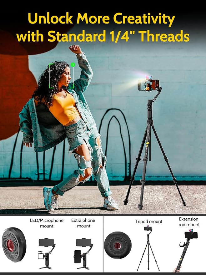 AOCHUAN 3-Axis���Gimbal Stabilizer for iPhone & Android w/RGB Light, Handheld Phone Gimbal for Video Recording w/AI Tracking,1/4 Thread, Extendable Tripod, Padded Carry Bag(Smart X Complete Combo1)