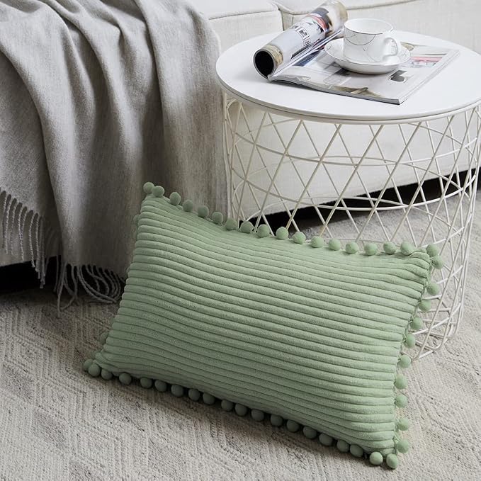 Fancy Homi 2 Pack Sage Green Lumbar Decorative Throw Pillow Covers 12x24 Inch with Pom-poms for Couch Bedroom Sofa, Farmhouse Boho Home Decor, Soft Corduroy Solid Rectangle Cushion Case 30x60 cm