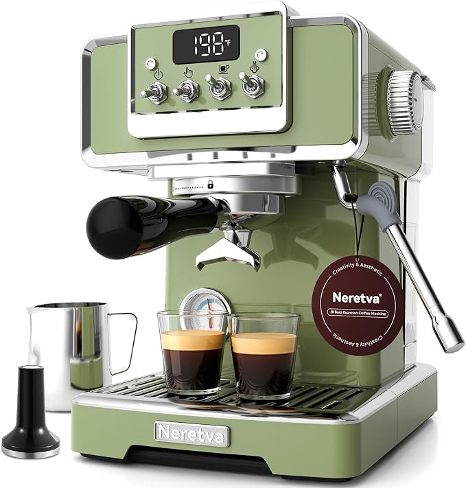 Neretva Professional Retro Espresso Machine with 58mm Portafilter, Green | Visible Pressure Gauge, Powerful Steam Wand, 15 Bar Stainless Steel Espresso Maker for home baristas to make latte cappuccino