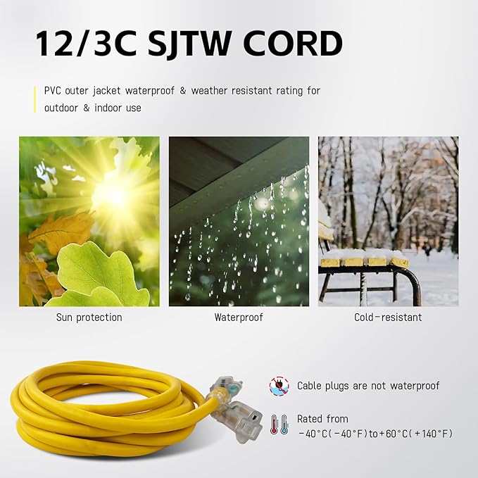 EP 50 ft Lighted Outdoor Extension Cord - 12/3 SJTW Heavy Duty Yellow Extension Cable with 3 Prong Grounded Plug - 15AMP Power Cord for Lawn, Garden, Appliances