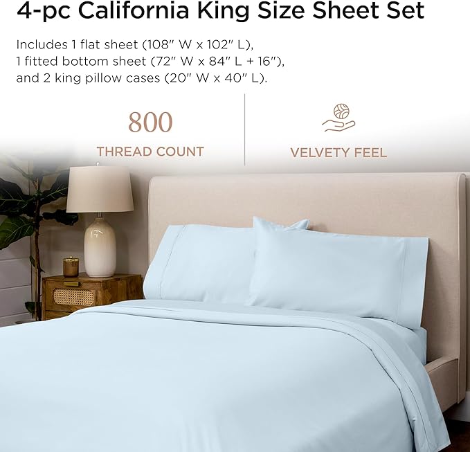 Threadmill Luxury 800 Thread Count California King 100% Cotton Sheets - Light Blue Sateen Weave Bed-Sheets, Better Than Egyptian Cotton,4 Pc Solid Bedding Set, Fits 16" Deep Pocket