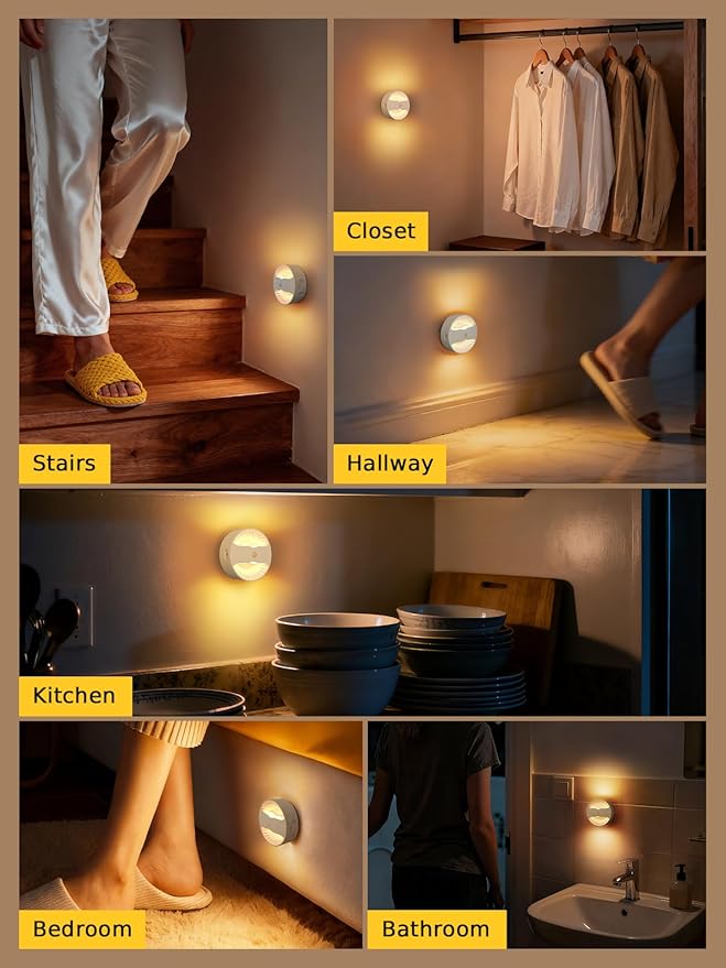 Smiling Shark BR168 Linkage Motion Sensor Night Light LED Smart Linked PIR & Light Sensing, Rechargeable Magnetic Stick-On Connected Smart Warm Night Step Lights for Bedroom Hallway Stairs, 3 Pack