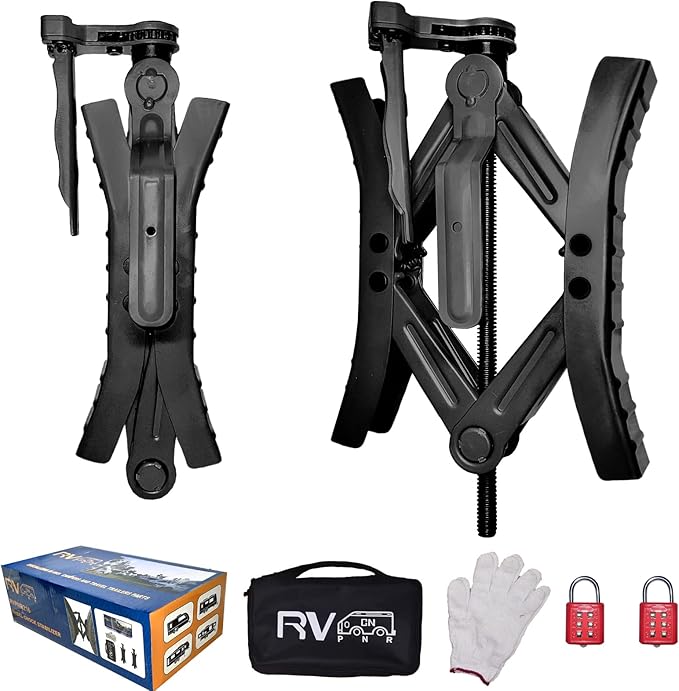 RV Wheel Chock Stabilizers,Heavy Duty Camper Tire Chock Stabilizers,Travel Trailers Wheel Chock Scissor 2 Sets with Built-in Wrench and Password Locks no Key Required (Black)