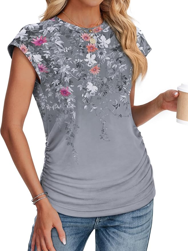 Sampeel Womens Summer Tops Trendy 2026 Ruched Cap Short Sleeve Tshirts Shirts Crew Neck T Shirts Fashion
