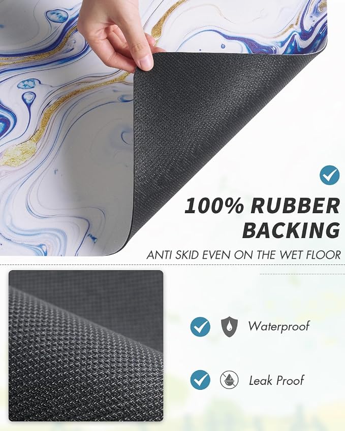 AMOAMI Dish Drying Mat for Kitchen Counter-Coffee Mat Bar Accessories, Hide Stain, Rubber Backed, Absorbent, Fit Under Coffee Maker, Espresso Machine, Pot, Dish Rack,(16X24,Marble,Blue)