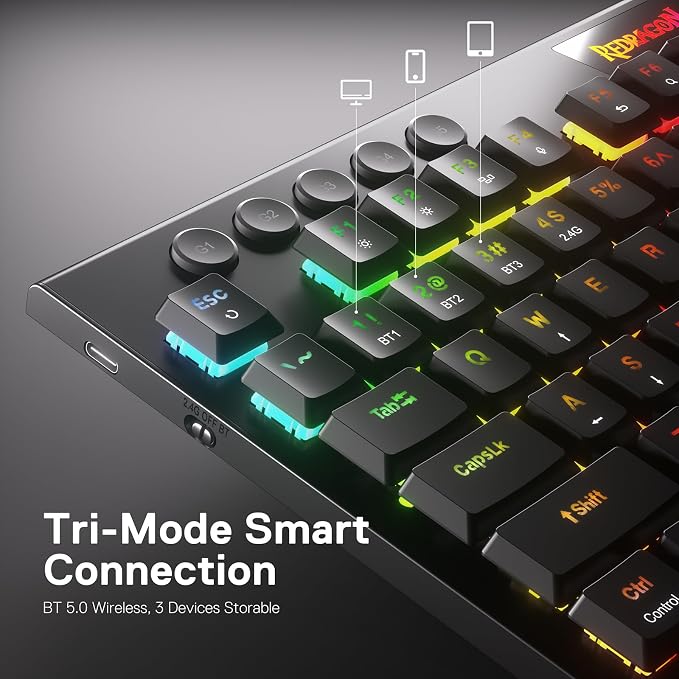 Redragon K618 PRO Wireless Ultra-Thin Gaming Keyboard, Macro & Media Scroll | 0-Delay Tri-Mode, 5 On-Board Keybinding G Buttons for MMO MOBA Games, Dedicated Media Control, Easy-Switch Win/Mac Compatible