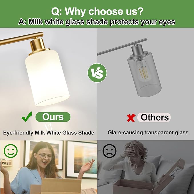 3-Light Bathroom Light Fixtures, Brushed Gold Vanity Light, Farmhouse Wall Lights with Milky White Frosted Glass Shades, Bathroom Wall Lamp for Mirror Kitchen Bedroom Hallway Living Room