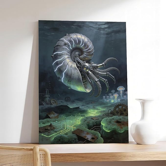 Framed Steampunk Mechanical Nautilus Wall Art - Underwater Industrial Poster for Man Cave Studio Decor 16x24inch(40x60cm)