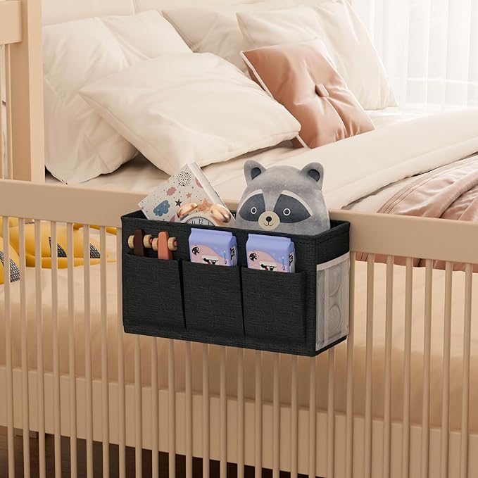 Dual-purpose Bedside Caddy Bedside Organizer, Bed Caddy with 6 Pockets, Versatile Bedside Storage Solution Magazine Remotes holder, ideal for Home, Dorm, Hospital, Crib Bed (Black)