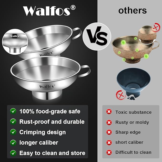 Walfos 2 Pack (4in & 5.5in) Stainless Steel Wide-Mouth Funnel with Handle for Wide and Regular Mason Jars Canning Jars, Wide-Mouth Funnels for Kitchen Use,Transferring Liquid and Dry Ingredients