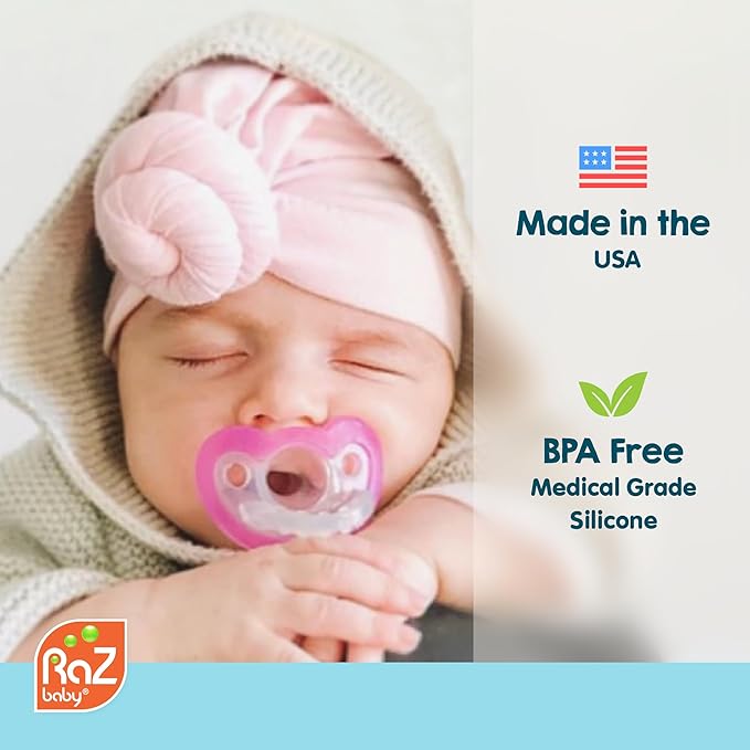 RaZbaby Jollypop Pacifier for Newborns & Up, USA Made, Natural Shaped Orthodontic Binky, Lovingly Shared in NICUs & Hospitals Worldwide, Medical-Grade 100% BPA-Free - 0-3 Months, 4 Pack - Pink