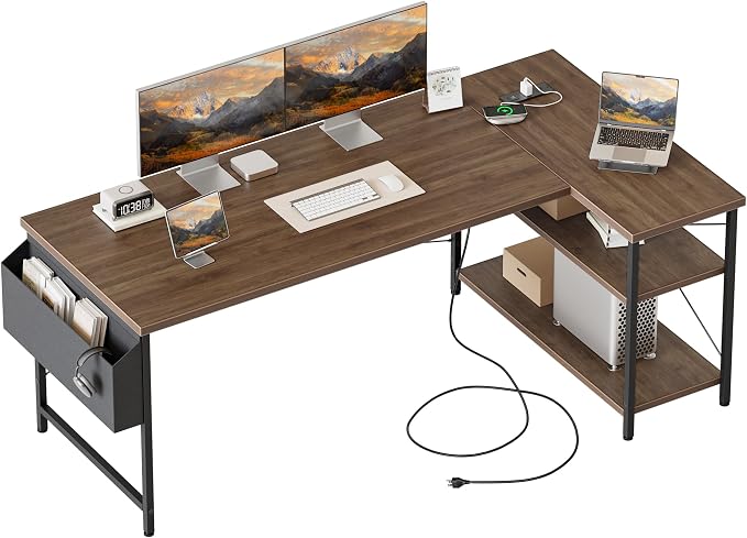 Mericonia 55 inch L Shaped Gaming Desk, Large Corner Desk with Shelves | Reversible Computer Desk with Power Outlets & Storage Bag, Office Table for Home Bedroom Study Work Writing
