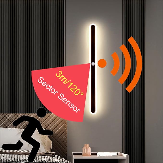 Modern LED Wall Sconce with Motion Sensor Interior Acrylic Black Wall Lamp Indoor Minimalist Long Wall Light Inside Lighting Fixtures for Living Room Bathroom Front Door Bedroom (30CM,Natural Light)