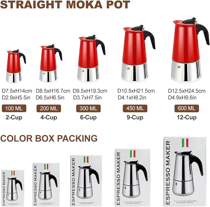 6 Cup Stovetop Espresso Maker Stainless Steel Moka Pot Stove Top Percolator Italian Coffee Makers Capable Mocha Greca Machine Cafe Classic Induction Cookers for Home and Camping 300ml 10oz