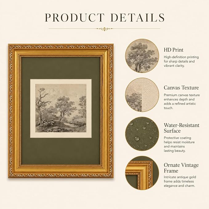 Ymsagrs Gold Frame Vintage Landscape Sketch Canvas Wall Art,16X12in | Neutral Botanical Picture Art,Cottagecore Wall Decor for study, living room, hallway, office or entryway.