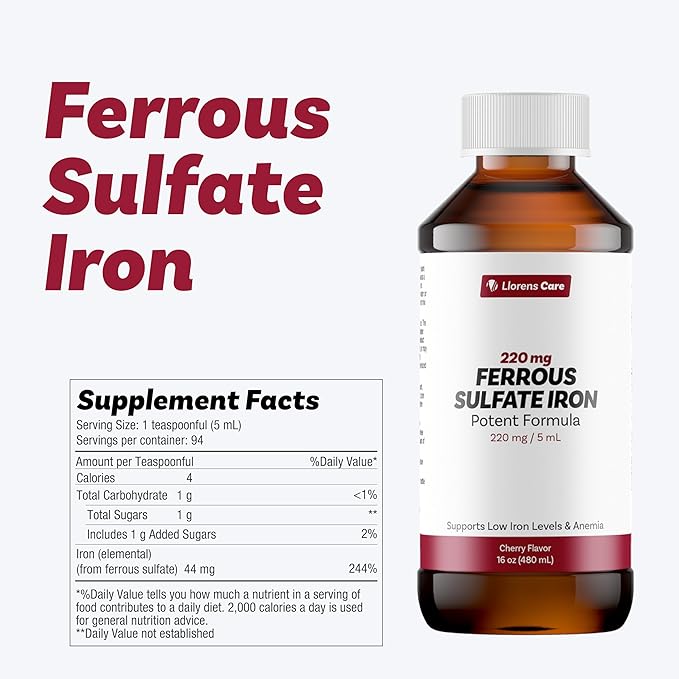 Ferrous Sulfate Liquid Iron Supplement for Adults by Llorens Care - 220 mg in 5 ml Iron Complex Supplement for Anemia and Iron Deficiency. Boost Energy Levels