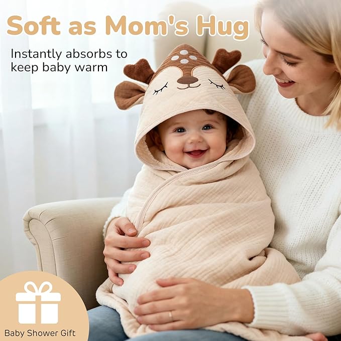 CandyHome 4 Pack Muslin Baby Towels for Newborn Set, 100% Cotton 2 Hooded Baby Bath Towels 32x32" with 2 Washcloths 10x10", Super Soft Absorbent Infant Toddler Bath Essentials Gifts, Elephant & Deer