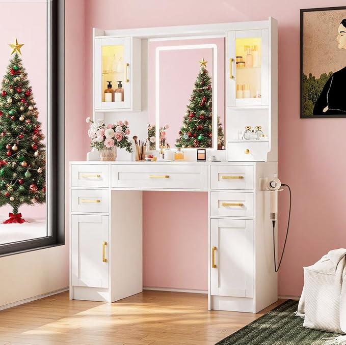 NUNU LAB Makeup Vanity Desk with Mirror and Lights, White Dressing Table with Charging Station, Makeup Vanity with RGB Cabinets and 7 Drawers RGB Cabinets, 3 LED Light Modes (043 White)