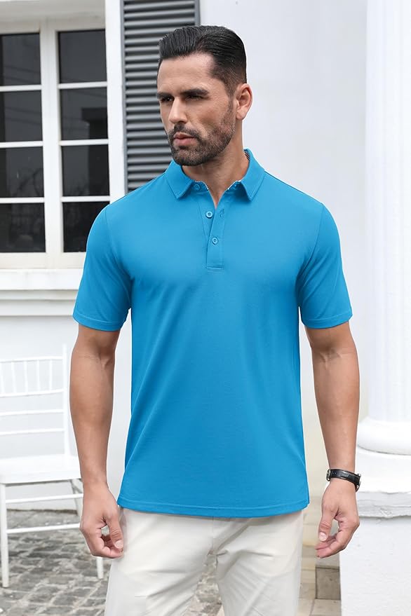MAGCOMSEN Men's Polo Shirts Short Sleeve Cotton Pique 3 Button Classic Fit Casual T-Shirt Performance Golf Shirts