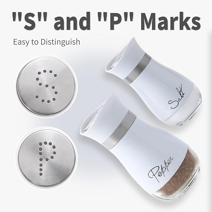 Lonffery Salt and Pepper Shakers Set - Salt Containers for Gifts, Kitchen Decor, Home, RV, Camp, BBQ, 4 oz Farmhouse Spice Dispenser with Glass Bottom, White, Set of 2