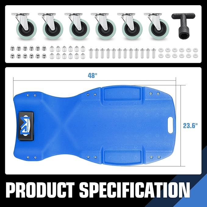 PM PERFORMOTOR Inches Heavy-Duty Low-Profile Roller Automotive Creeper with Padded Headrest, Blue, PM-TOL-CPC48-BL