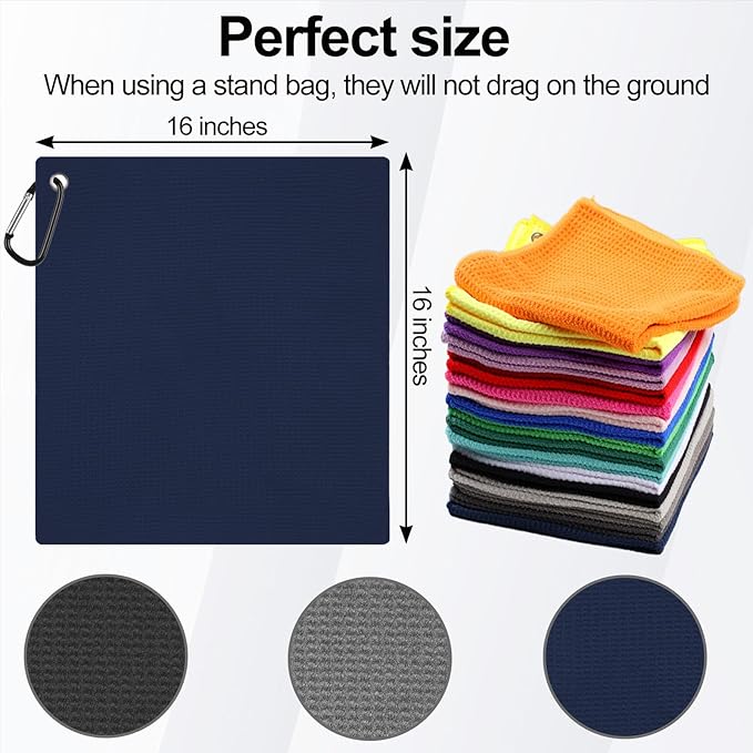 3 Pack 16" X 16" Waffle-Pattern Golf Towels with Carabiner Clip, Super Absorbent Microfiber, Navy Blue, Dark Grey, Light Grey